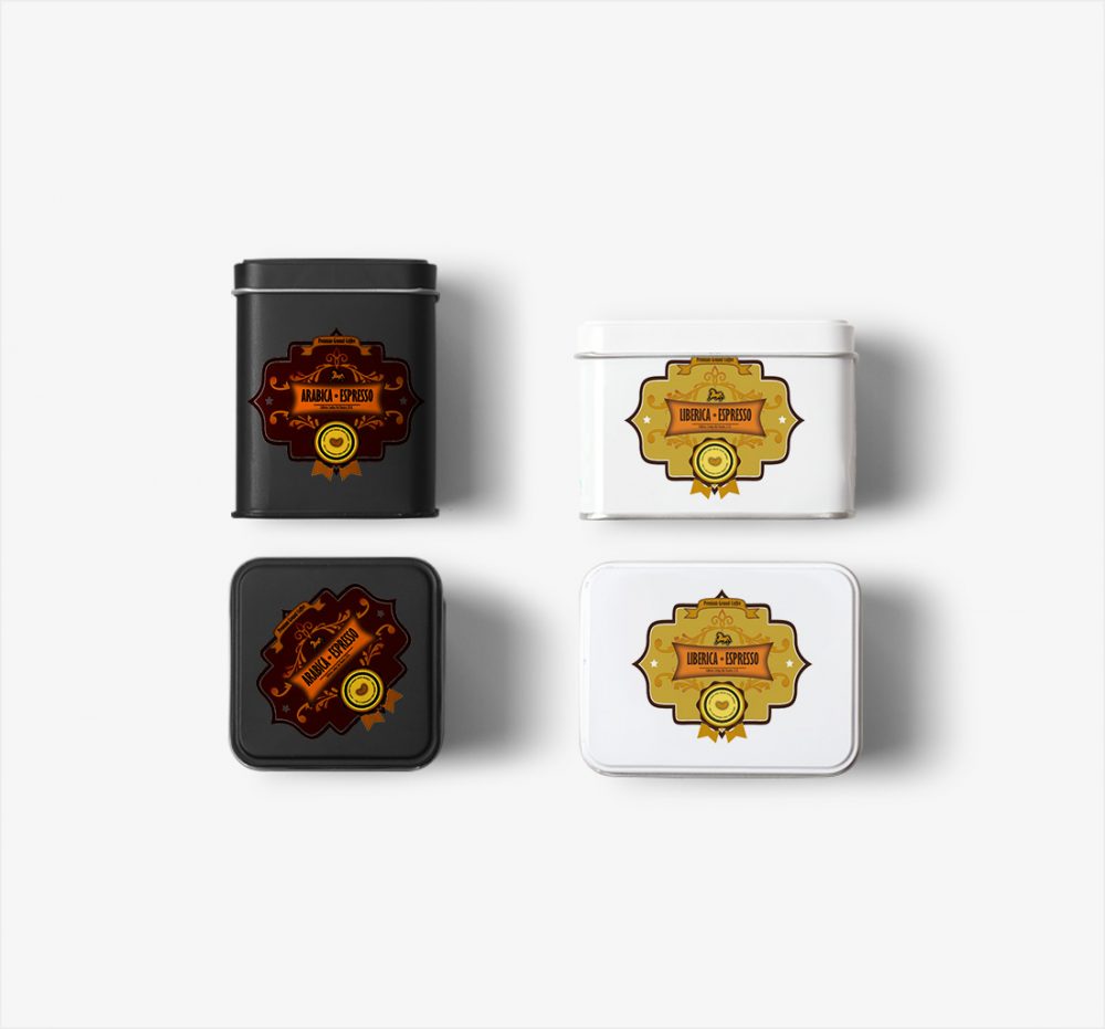 Coffee Label design, metal boxes
